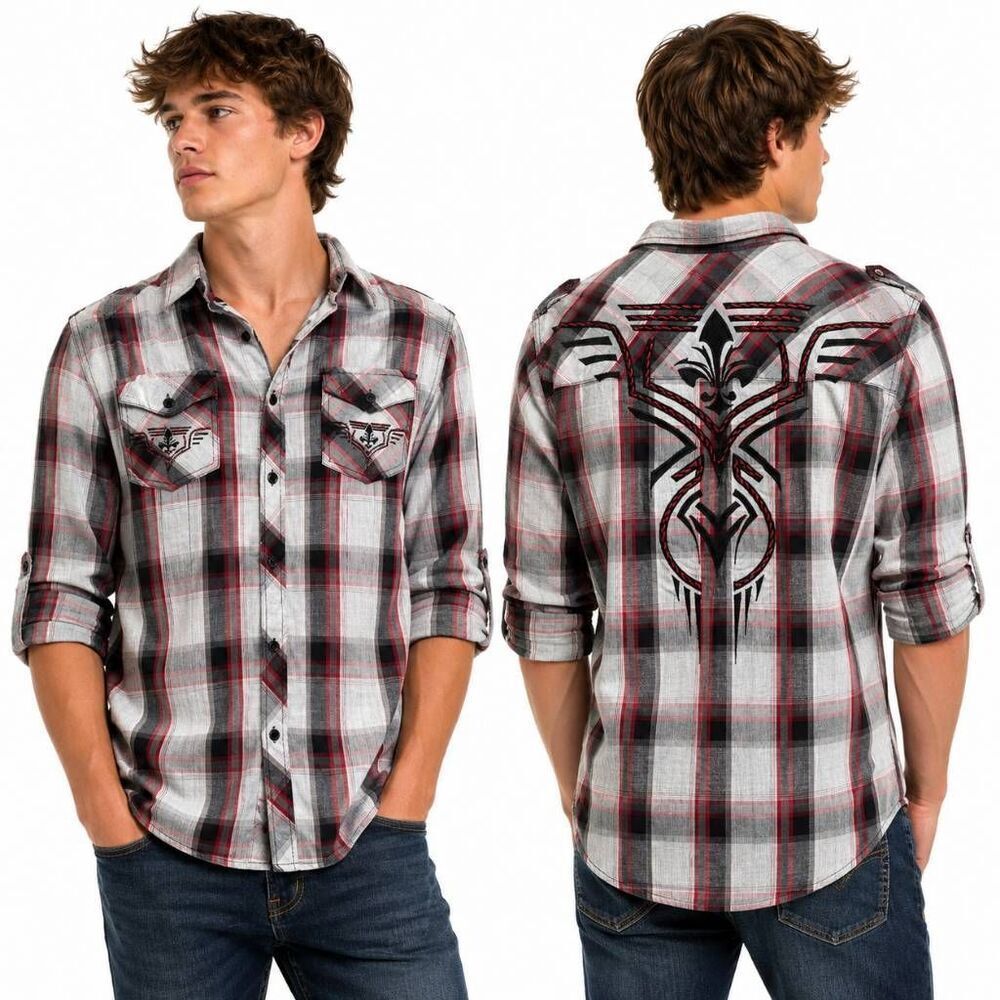 Machine Plaid Button Shirt Embroidered Western M